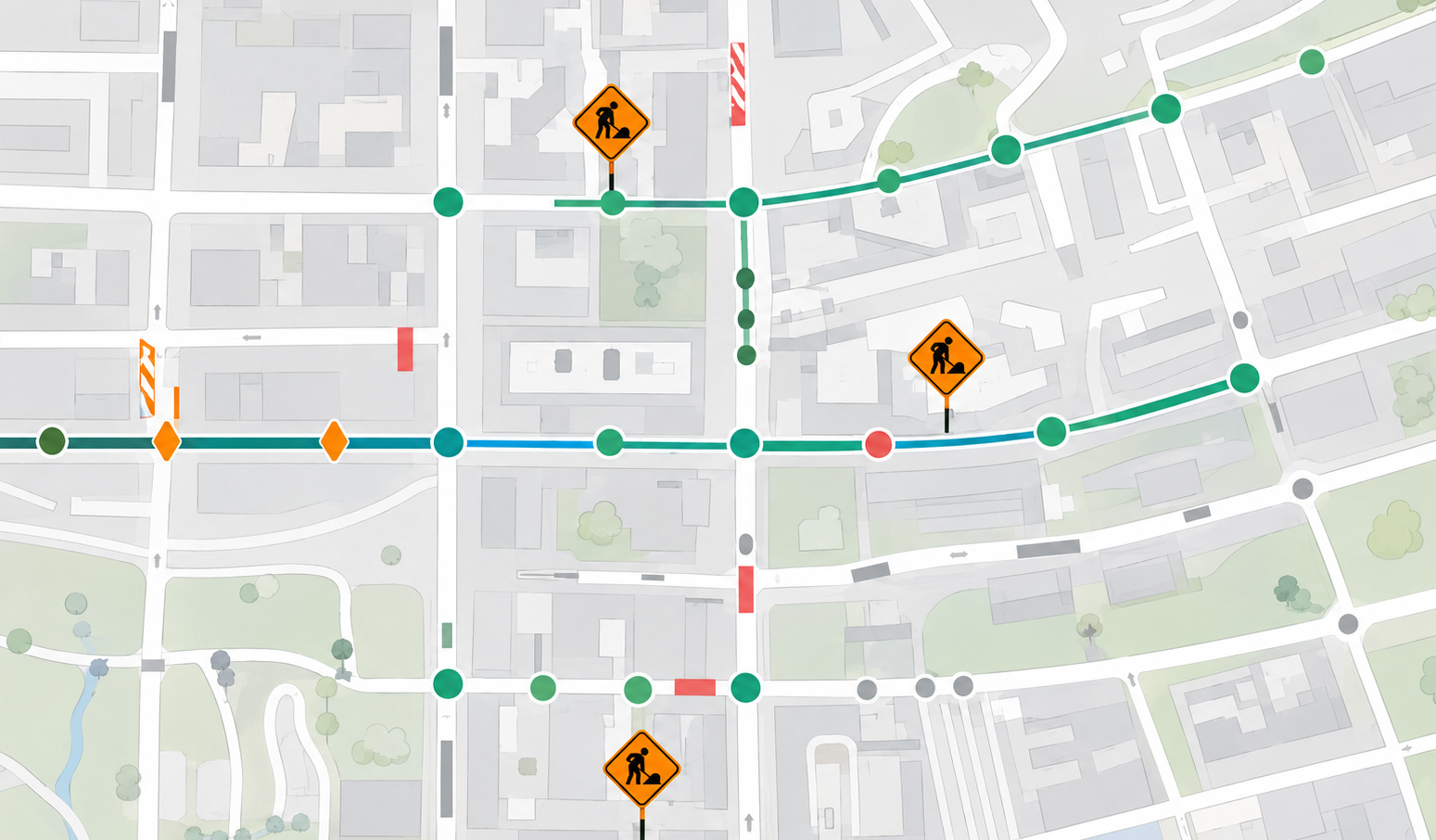 Arterial lane closure template with work zone, detour route, and traffic controls